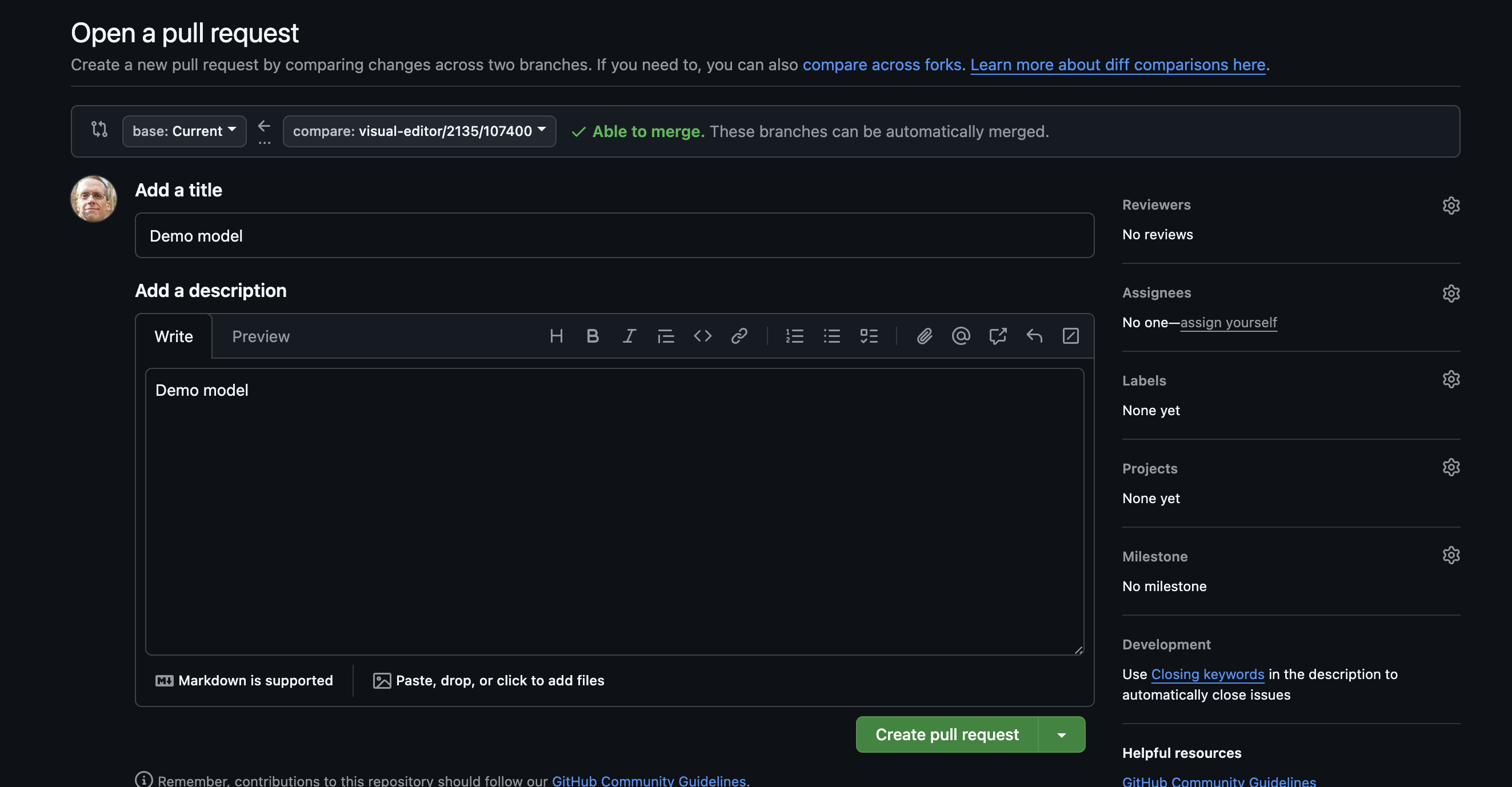 Example of the screen you're taken to in GitHub when you create a pull request from the Visual Editor.